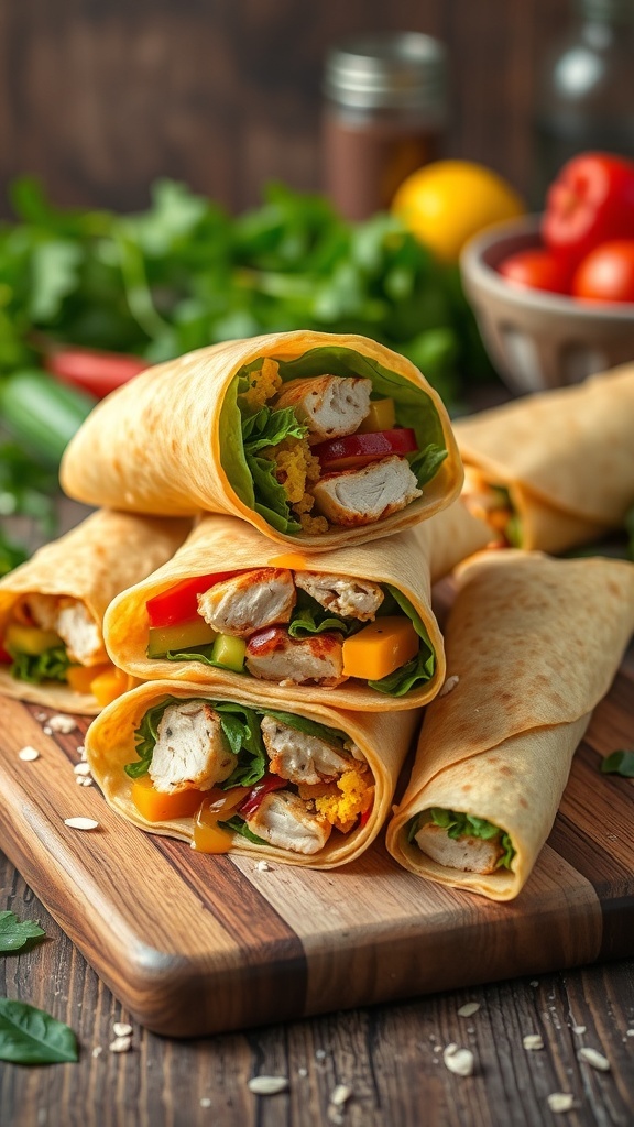 A stack of oat wraps filled with vegetables and chicken on a wooden board.